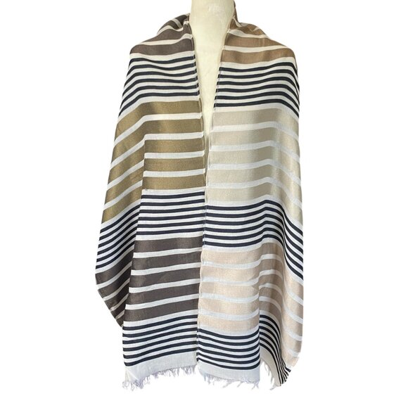 Women's neutral colored striped rectangle scarf wrap shawl fringed edges 74" L - Picture 4 of 6